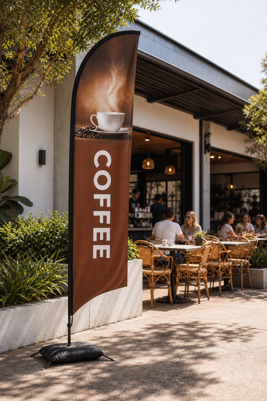 Tall brown Coffee feather flag outside an Australian café