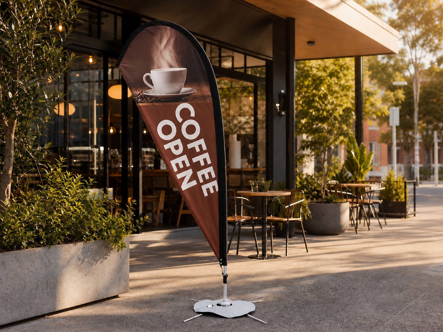 Brown teardrop café flag reading Coffee Open at a shop entrance