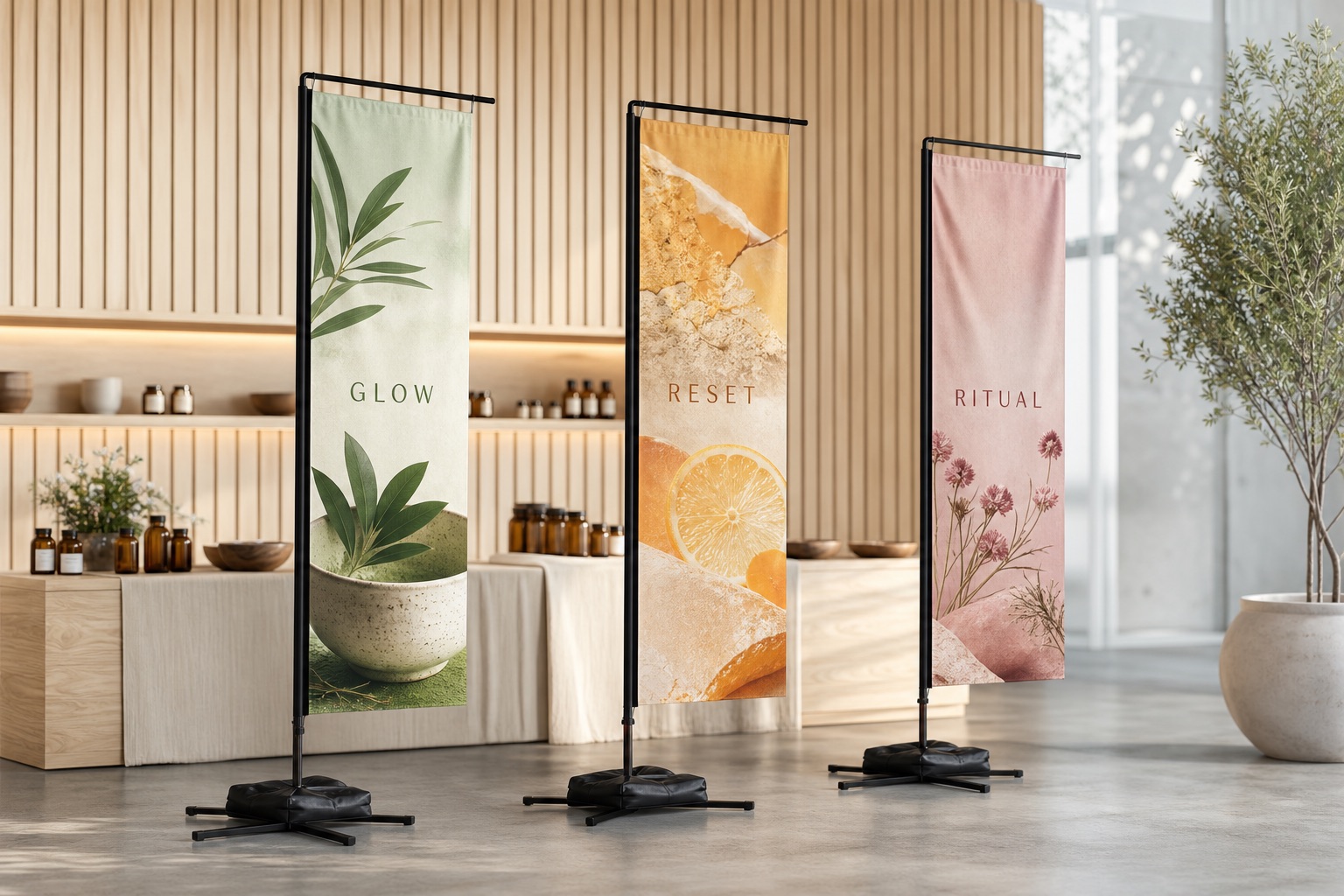 Wellness campaign rectangle flags at an indoor event